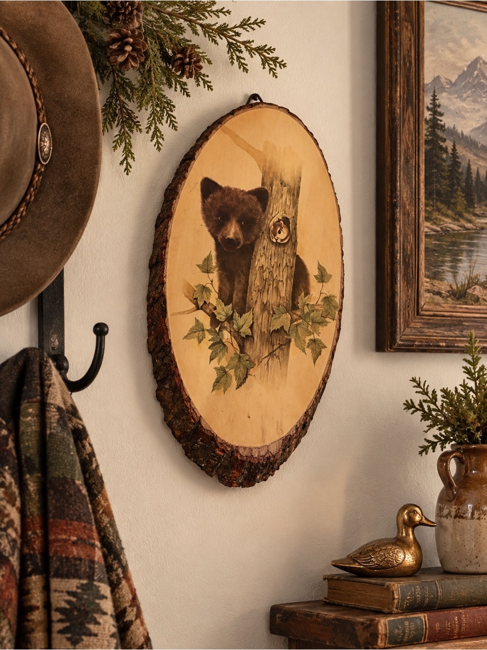 Vintage Brown Bear Wood Slice Wall Hanging